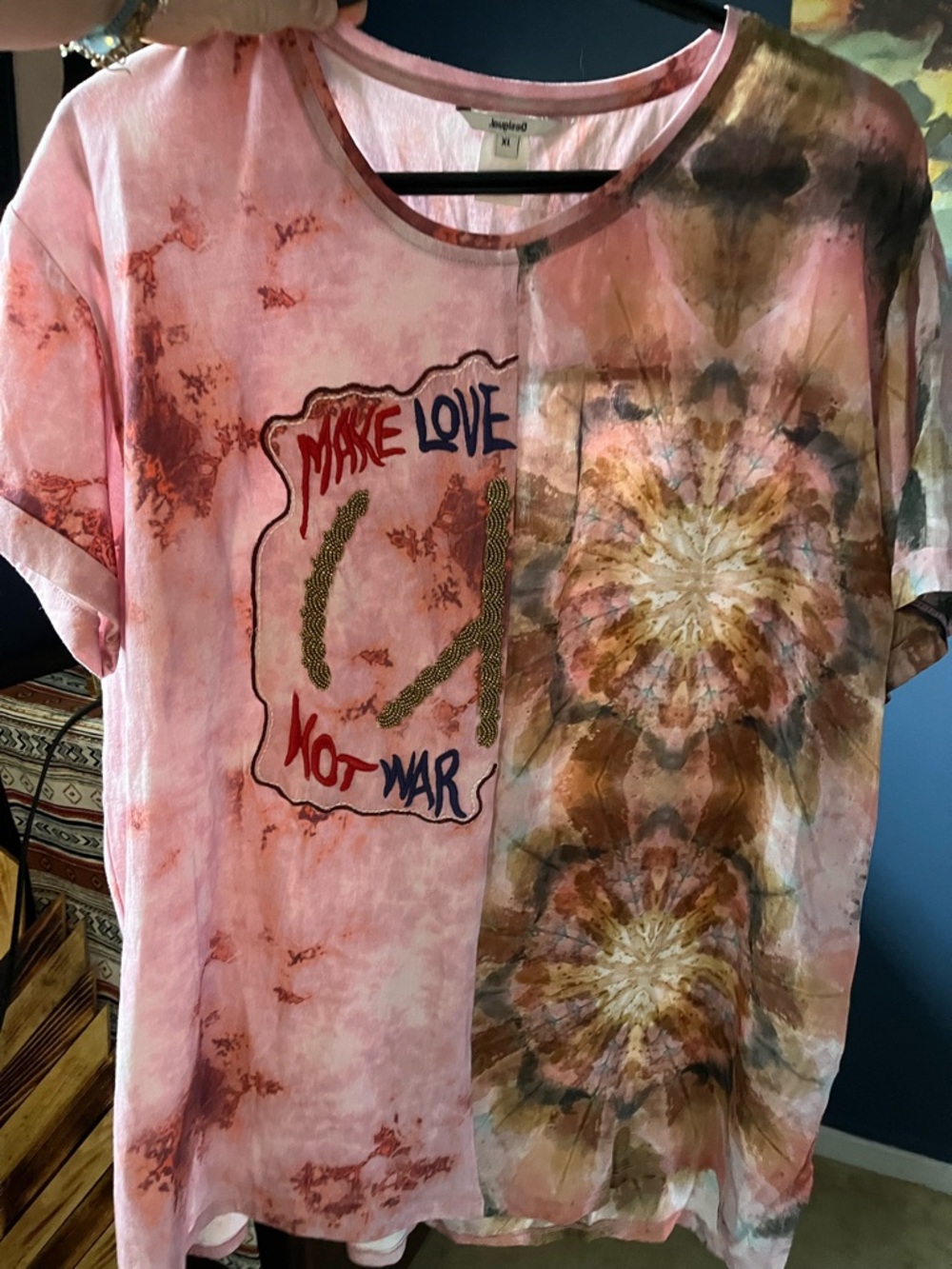 Desigual Pink Brown Tie-Dye 'Make Love Not War' Graphic Tee